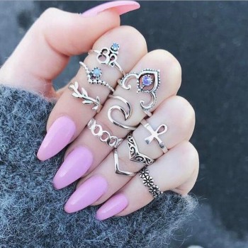 Tocona Bohemia Antique Gold Silver Elephant Flower Rose Heart Crown Carved Rings Set Knuckle Finger Midi Ring for Women Jewelry