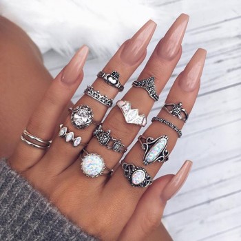 Tocona Bohemia Antique Gold Silver Elephant Flower Rose Heart Crown Carved Rings Set Knuckle Finger Midi Ring for Women Jewelry