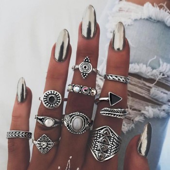 Tocona Bohemia Antique Gold Silver Elephant Flower Rose Heart Crown Carved Rings Set Knuckle Finger Midi Ring for Women Jewelry