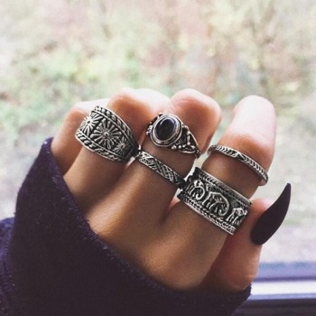 Tocona Bohemia Antique Gold Silver Elephant Flower Rose Heart Crown Carved Rings Set Knuckle Finger Midi Ring for Women Jewelry
