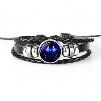12 Constellation Zodiac Sign Black Braided Leather Bracelet Cancer Leo Virgo Libra Woven Glass Dome Jewelry Punk Men Bracelet