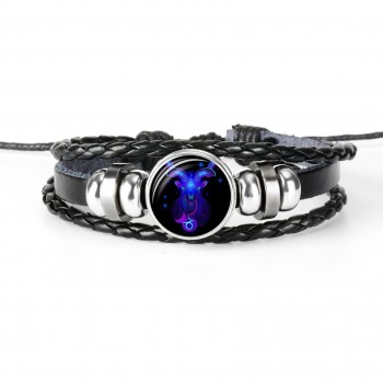 12 Constellation Zodiac Sign Black Braided Leather Bracelet Cancer Leo Virgo Libra Woven Glass Dome Jewelry Punk Men Bracelet