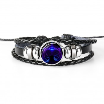 12 Constellation Zodiac Sign Black Braided Leather Bracelet Cancer Leo Virgo Libra Woven Glass Dome Jewelry Punk Men Bracelet