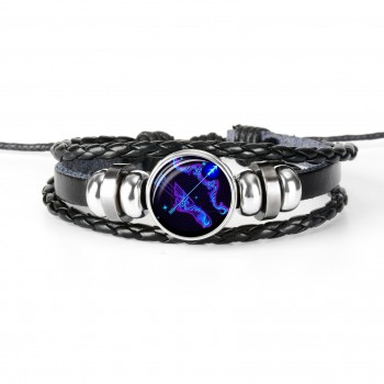 12 Constellation Zodiac Sign Black Braided Leather Bracelet Cancer Leo Virgo Libra Woven Glass Dome Jewelry Punk Men Bracelet