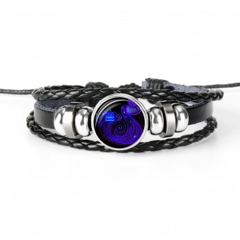 12 Constellation Zodiac Sign Black Braided Leather Bracelet Cancer Leo Virgo Libra Woven Glass Dome Jewelry Punk Men Bracelet