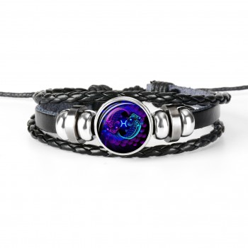 12 Constellation Zodiac Sign Black Braided Leather Bracelet Cancer Leo Virgo Libra Woven Glass Dome Jewelry Punk Men Bracelet