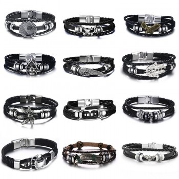 Vnox Lucky Vintage Mens Leather Bracelet Playing Cards Raja Vegas Charm Multilayer Braided Women Pulseira Masculina 7.87