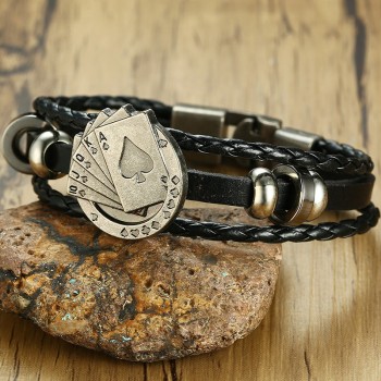 Vnox Lucky Vintage Mens Leather Bracelet Playing Cards Raja Vegas Charm Multilayer Braided Women Pulseira Masculina 7.87