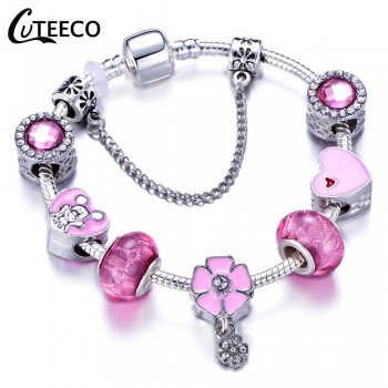 CUTEECO 925 Fashion Silver Charms Bracelet Bangle For Women Crystal Flower Beads Fit Brand Bracelets Jewelry