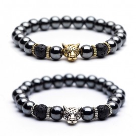 High quality Natural stone Mens bracelets Charm Lucky Tiger Leopard Hematite Goldenamp;Silver Elastic Bracelets for women amp; men