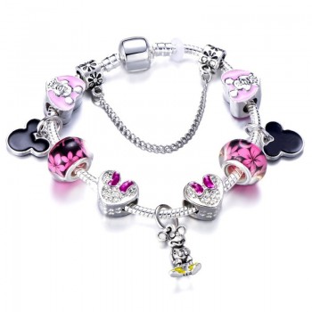 Animal Mickey Charm Bracelets amp; Bangles Women Jewelry Minnie Pink Bow-Knot Pendant Brand Bracelet DIY Handmade for Girl Gift