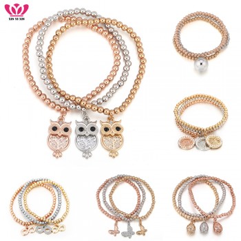 3Pcs Crystal Owl Animal Tree of Life Pendant Elastic Bracelets For Women Mix Colors Beads Bell Charms Bracelet Jewelry Gifts