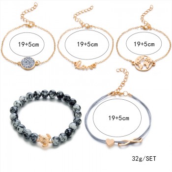 5 Pcs/ Set Punk Turtle Map Heart Letter Love Crystal Beads Chain Multilayer Pendant Gold Bracelet Set Charm Girl Jewelry Gift