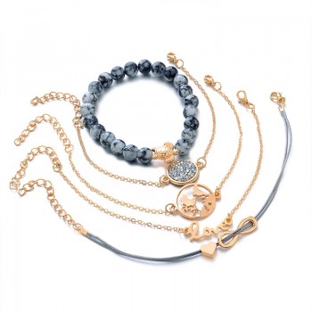 5 Pcs/ Set Punk Turtle Map Heart Letter Love Crystal Beads Chain Multilayer Pendant Gold Bracelet Set Charm Girl Jewelry Gift
