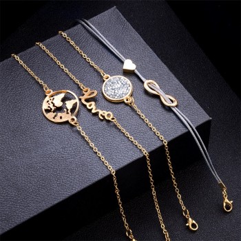 5 Pcs/ Set Punk Turtle Map Heart Letter Love Crystal Beads Chain Multilayer Pendant Gold Bracelet Set Charm Girl Jewelry Gift