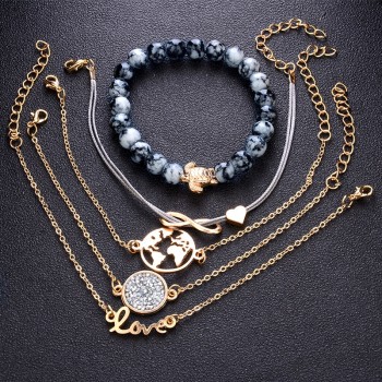 5 Pcs/ Set Punk Turtle Map Heart Letter Love Crystal Beads Chain Multilayer Pendant Gold Bracelet Set Charm Girl Jewelry Gift