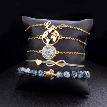 5 Pcs/ Set Punk Turtle Map Heart Letter Love Crystal Beads Chain Multilayer Pendant Gold Bracelet Set Charm Girl Jewelry Gift