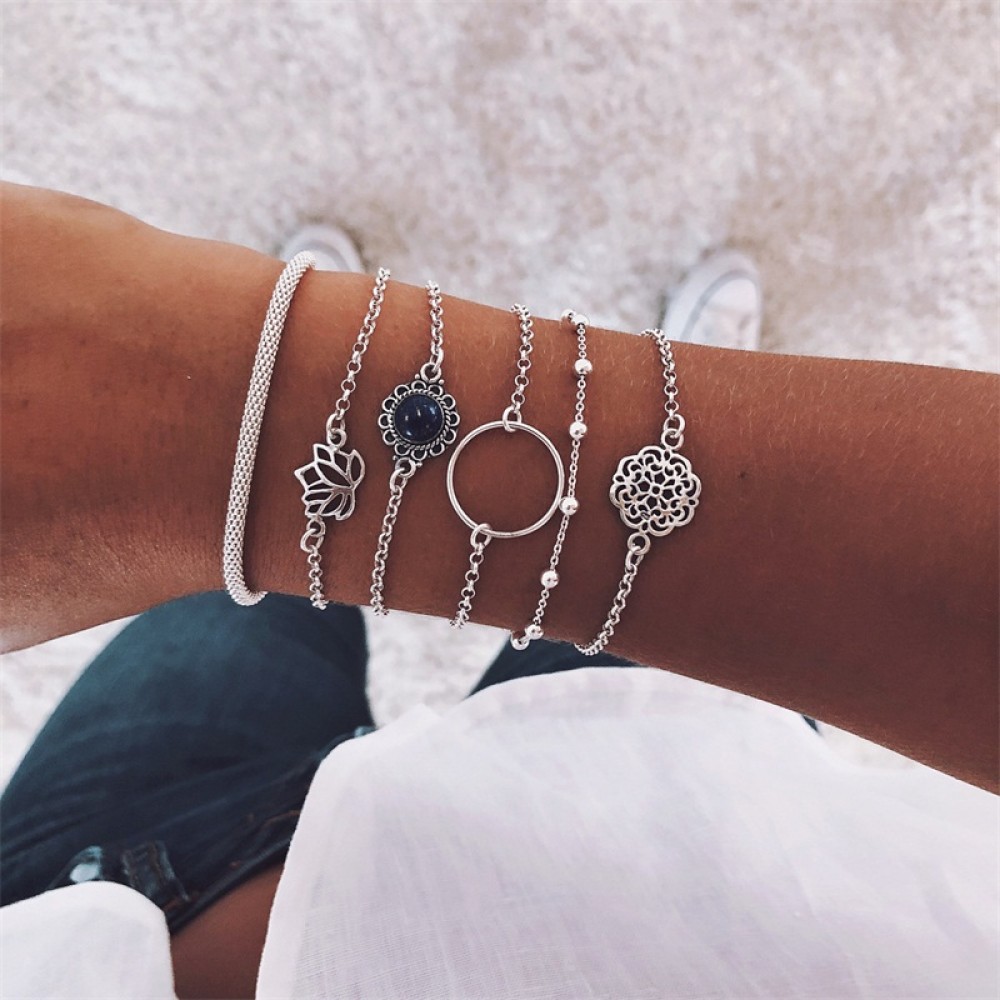 6 Pcs/ Set Retro Female Lotus Bead Round Gem Chain Hollow Multilayer Silver Bracelet Set Exquisite Party Clothing Jewelry