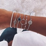 6 Pcs/ Set Retro Female Lotus Bead Round Gem Chain Hollow Multilayer Silver Bracelet Set Exquisite Party Clothing Jewelry