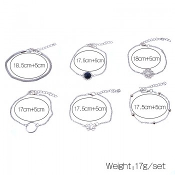 6 Pcs/ Set Retro Female Lotus Bead Round Gem Chain Hollow Multilayer Silver Bracelet Set Exquisite Party Clothing Jewelry