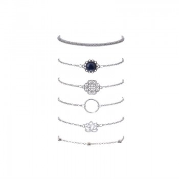 6 Pcs/ Set Retro Female Lotus Bead Round Gem Chain Hollow Multilayer Silver Bracelet Set Exquisite Party Clothing Jewelry