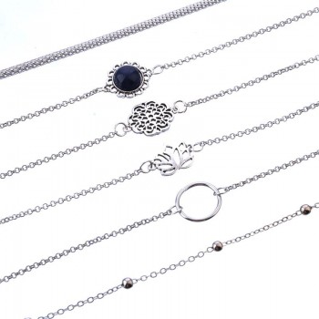 6 Pcs/ Set Retro Female Lotus Bead Round Gem Chain Hollow Multilayer Silver Bracelet Set Exquisite Party Clothing Jewelry