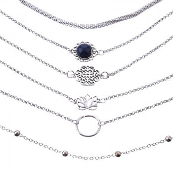 6 Pcs/ Set Retro Female Lotus Bead Round Gem Chain Hollow Multilayer Silver Bracelet Set Exquisite Party Clothing Jewelry