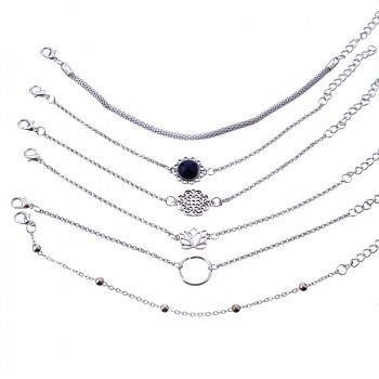 6 Pcs/ Set Retro Female Lotus Bead Round Gem Chain Hollow Multilayer Silver Bracelet Set Exquisite Party Clothing Jewelry