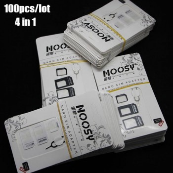 100sets 4in1 Noosy Nano Sim Card Adapter + Micro Sim cards adapter + Standard SIM Card Adapter With Eject pin For Iphone samsung