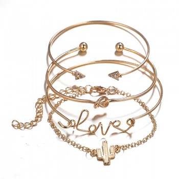 docona 4pcs/1set Gold Color Cactus Letter Knot Bracelet Bohemian Geometric Metal Chain Bracelet Statement Jewelry 6116