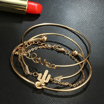 docona 4pcs/1set Gold Color Cactus Letter Knot Bracelet Bohemian Geometric Metal Chain Bracelet Statement Jewelry 6116