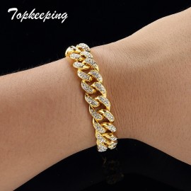 Men Luxury Rhinestone Fashion Bracelets Unisex High Quality Bangles Gold Color Iced Out Miami Cuban Link Chain Bracelet Hip Hop