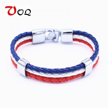 Wholesale Length 21cm 3 Strands Rope Braided Leather Chain amp; Link Bracelet Men Wristband National Flags Color Sports Bracelets