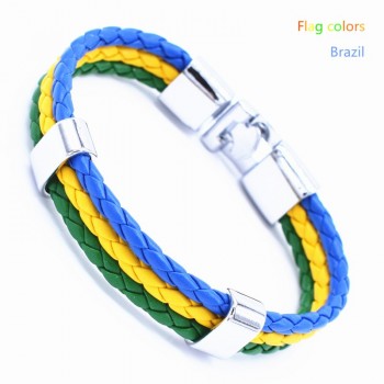 Wholesale Length 21cm 3 Strands Rope Braided Leather Chain amp; Link Bracelet Men Wristband National Flags Color Sports Bracelets