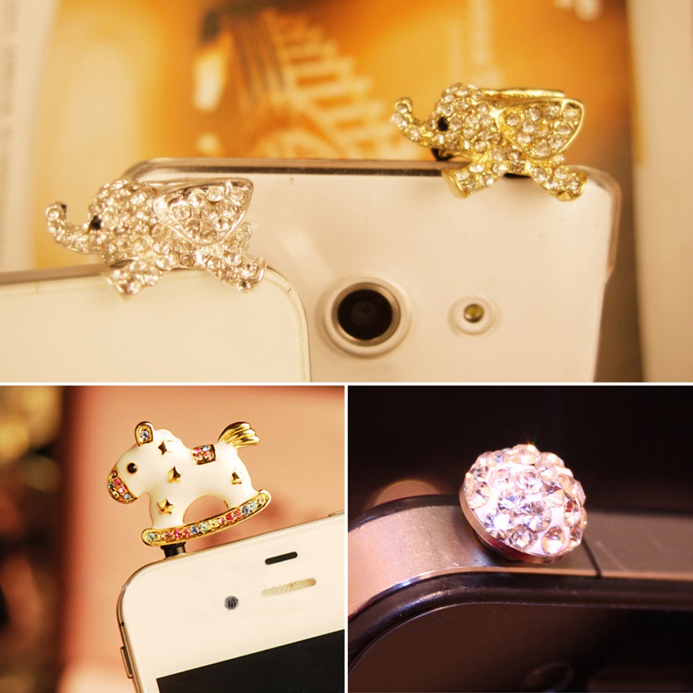 Marsnaska Full of Diamond Cute Jewelry Sleepy Little Elephant Phone Dust Plug For Iphone and All 3.5mm Earphone Plug