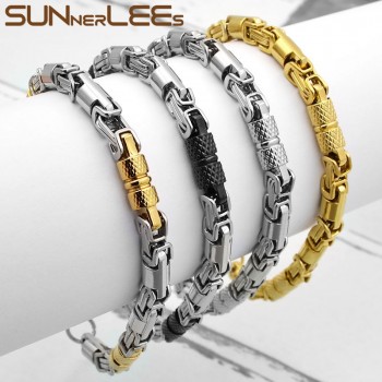 SUNNERLEES Fashion Jewelry Stainless Steel Bracelet 6mm Geometric Byzantine Link Chain Gold Color For Men Women SC42 B