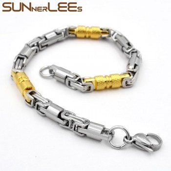 SUNNERLEES Fashion Jewelry Stainless Steel Bracelet 6mm Geometric Byzantine Link Chain Gold Color For Men Women SC42 B