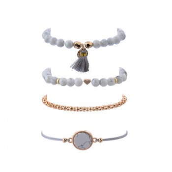 Crazy Feng Vintatge Boho Bracelets For Women Leather Rope Chain Link Heart Tassel Marble Stone Beads Bracelet Bangle Set Bijoux