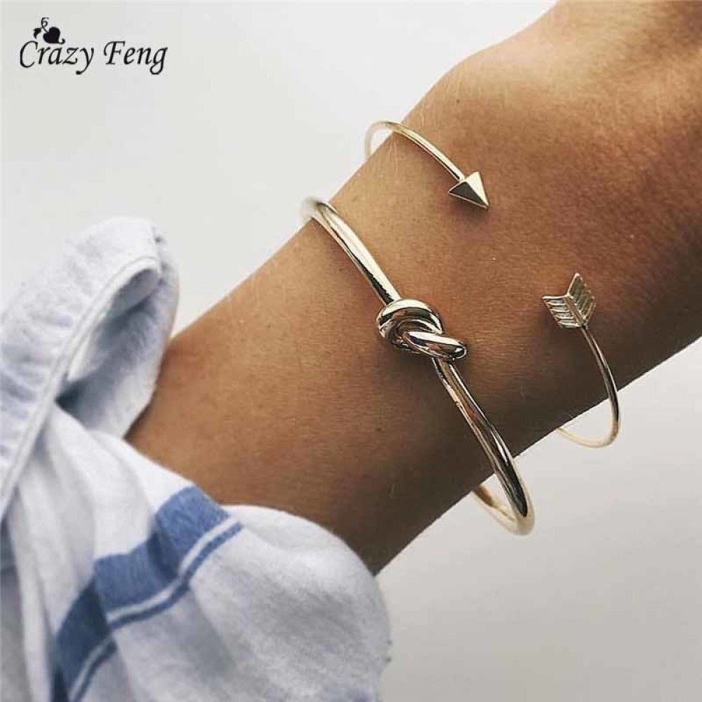 2PCS Vintage Gold Color Tie Knot Bracelet Bangles Simple Twist Cuff Open Bangles For Women Indian Jewelry Costume Jewellery 2018