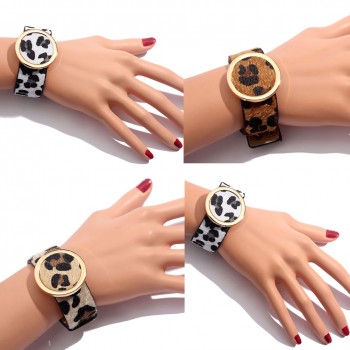 Flatfoosie Fashion ZA Leopard Bangle Bracelets For Women Boho Gold Color Button Vintage Leather  Bracelet Christmas Punk Jewelry
