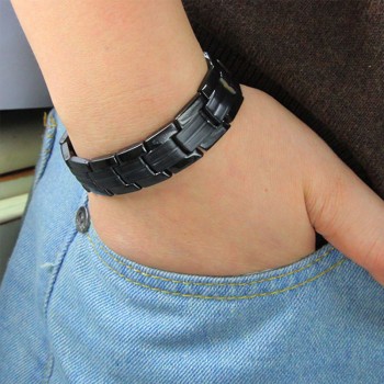 38 Full Black Color 5in1 Magnetic Bio Magnet Therapy Bracelet Bangles Stainless Steel Chain Link Healthy Jewelry For Menamp;Women