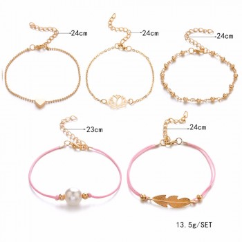 DIEZI Bohemia  Heart Feather Bracelet Sets For Women Weave Pink Rope Chain Bracelets Pulseras Mujer Tassel Jewelry Gifts