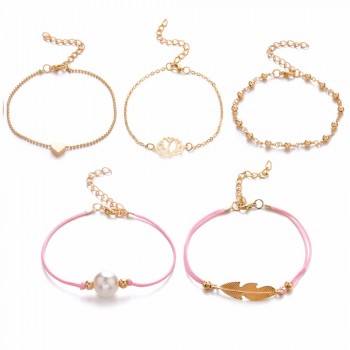 DIEZI Bohemia  Heart Feather Bracelet Sets For Women Weave Pink Rope Chain Bracelets Pulseras Mujer Tassel Jewelry Gifts