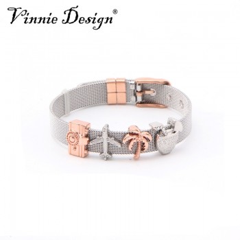 Vinnie Design Jewelry Keeper Stainless Steel Mesh Bracelet with 4pcs Slide Charms Silver Rose Gold Wrap Bracelets Keepers