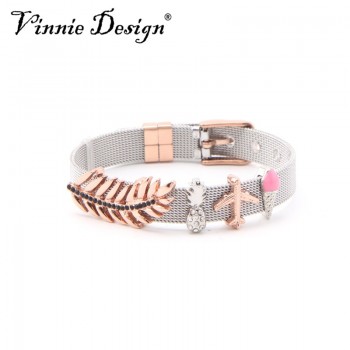 Vinnie Design Jewelry Keeper Stainless Steel Mesh Bracelet with 4pcs Slide Charms Silver Rose Gold Wrap Bracelets Keepers