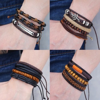 IF ME Wood Bead Male Multilayer Leather Bracelet Men Braided Rope Wrap Bracelets Bangles Pulseira Masculina Jewelry Pulsera New