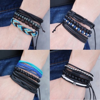 IF ME Wood Bead Male Multilayer Leather Bracelet Men Braided Rope Wrap Bracelets Bangles Pulseira Masculina Jewelry Pulsera New