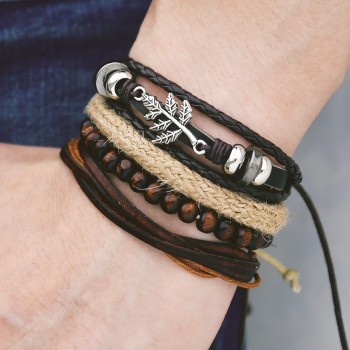 IF ME Wood Bead Male Multilayer Leather Bracelet Men Braided Rope Wrap Bracelets Bangles Pulseira Masculina Jewelry Pulsera New