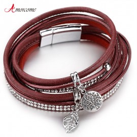 Amorcome Leather Bracelets For Women Tree of Life Charm Bracelets amp; Bangles Boho Multilayer Double Wrap Bracelet Female Jewelry