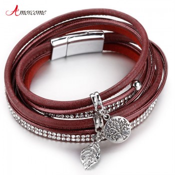 Amorcome Leather Bracelets For Women Tree of Life Charm Bracelets amp; Bangles Boho Multilayer Double Wrap Bracelet Female Jewelry